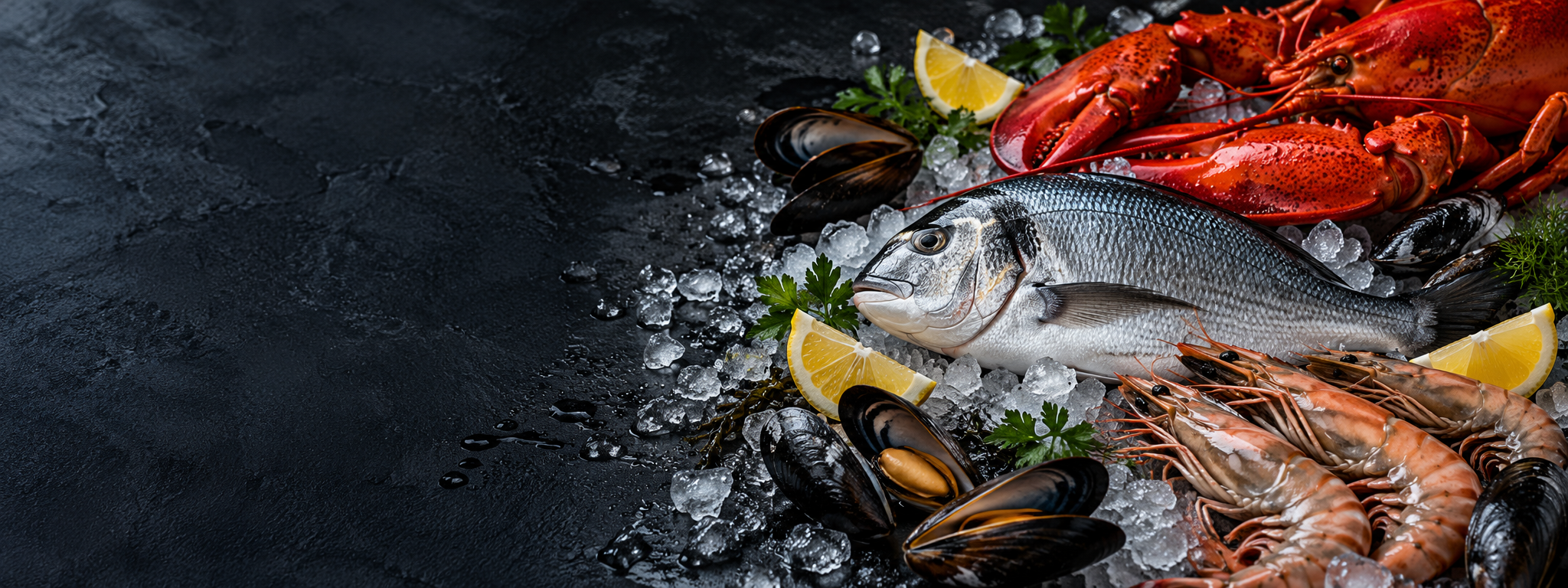 Fresh seafood carefully arranged on ice